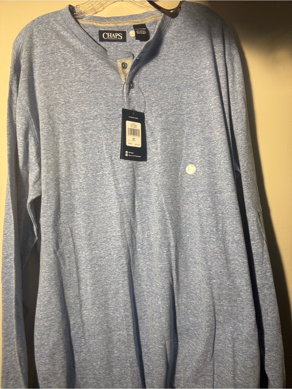 Chaps Men's Heather Light Blue Long Sleeve Henley